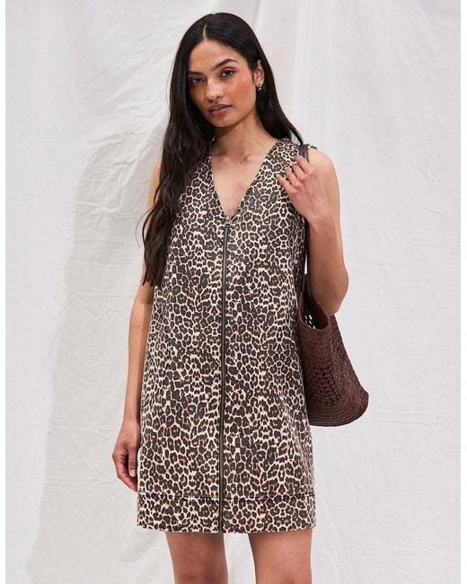 Ro&zo Brown Petite Leopard Print Denim Zip Front Mini Dress