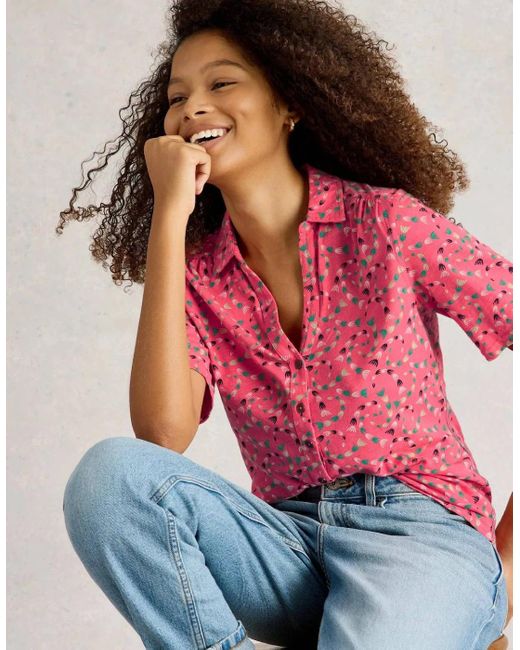 White Stuff Pink Annie Short Sleeve Jersey Shirt Coral Print