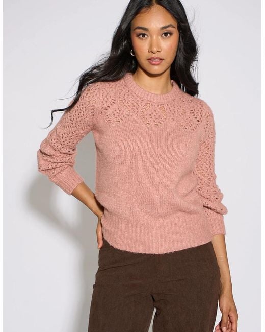 Gini London Pink Crochet Yoke Long Sleeve Jumper