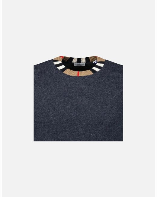 Burberry Blue 'Noland' Knitted Wool/ Cashmere Jumper Check Neck Charcoal for men