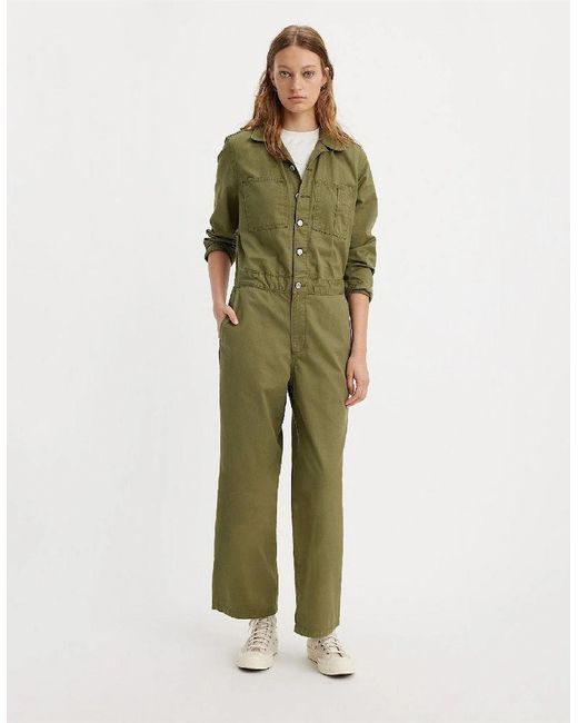 Levi's Green Levi's Iconic Collared Neck Long Sleeve Solid Patterned Jumpsuit
