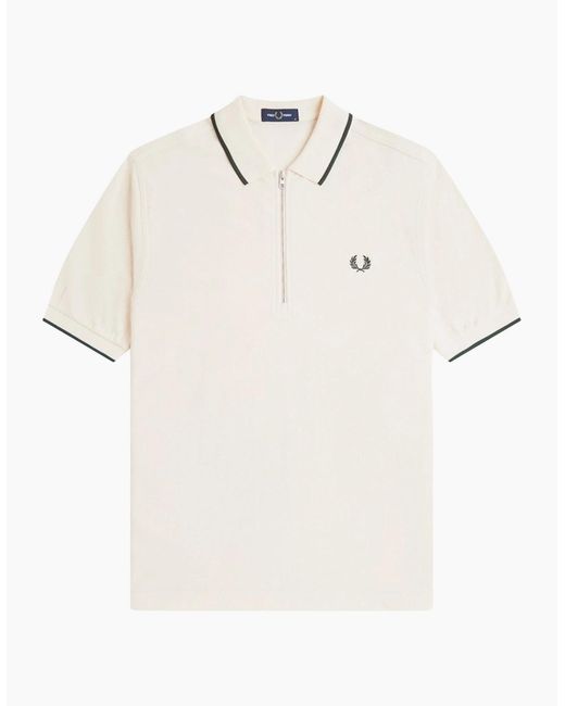 Fred Perry White Crepe Pique Zip Neck Polo Shirt for men