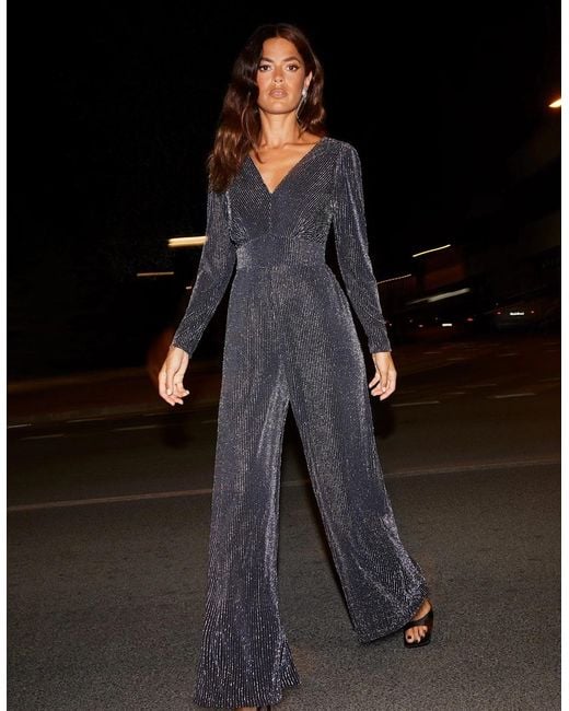 Ro&zo Gray Eliza Sparkle Jersey V-Neck Jumpsuit