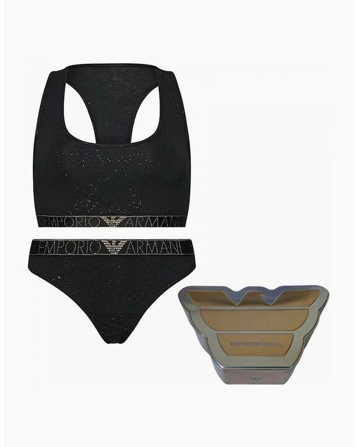 Emporio Armani Black Stardust Bralette & Brazilian Brief Underwear Set Gift Tin, Printed