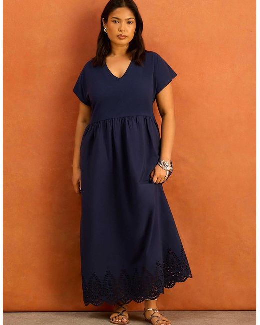 Live Unlimited London Blue Jersey Woven Mix Broderie Maxi Dress