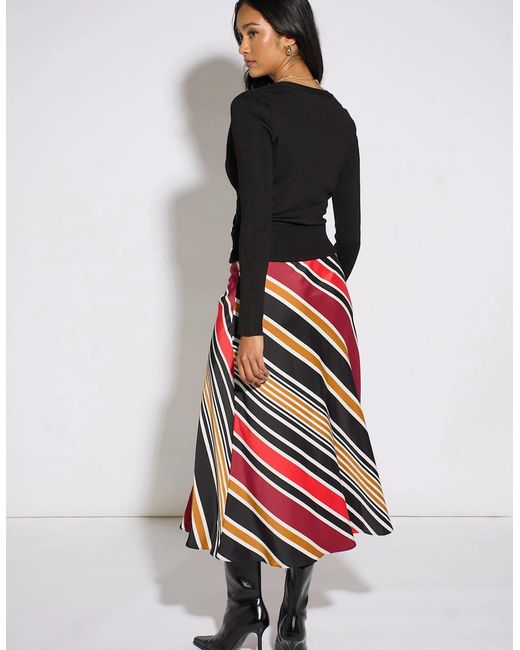 Gini London Red Stripe Satin Biased Midi Skirt