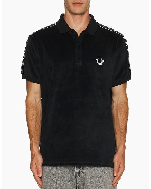 True Religion Black Polo Shirt Relaxed Fit Ss Damask Velour Pique Polo Shirts for men