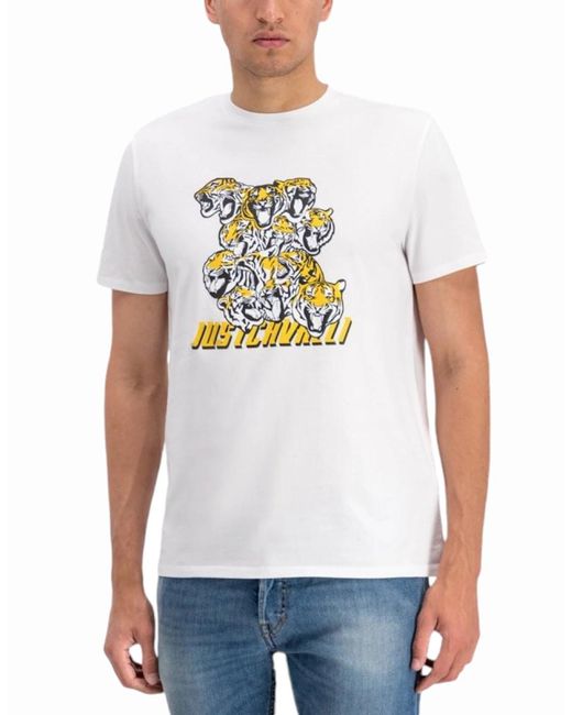 Just Cavalli White S03Gc0549 T-Shirt Tiger Short Sleeve Tops Cotton Tee for men