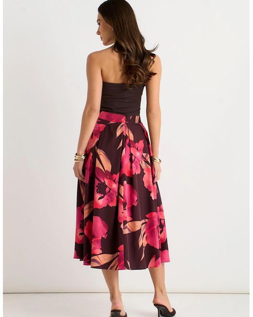 Gini London Red Large Floral Box Pleat Midi Skirt