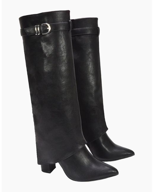 XY London Black Ladies Aaliyah Folded Collar Zipped Knee-High Boots