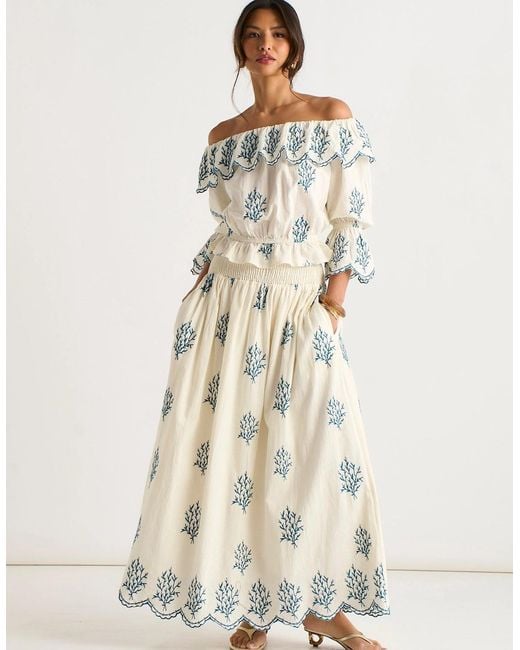 Gini London Natural Marshmallow Cotton Embroidered Skater Maxi Skirt