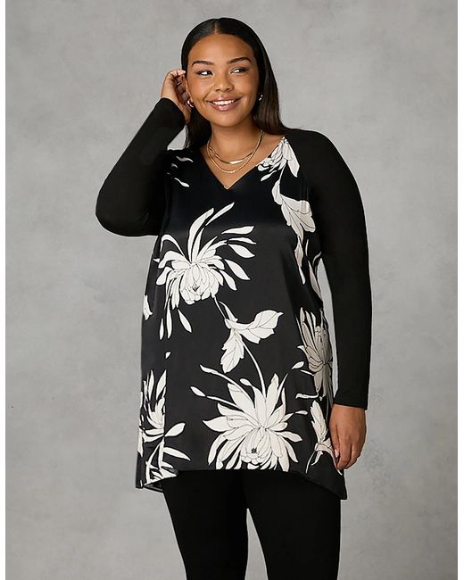 Live Unlimited London Black Stone Floral Print Satin Front High Low Tunic