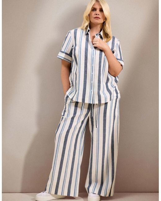 Live Unlimited London Blue Striped Linen Blend Wide Leg Drawstring Trousers