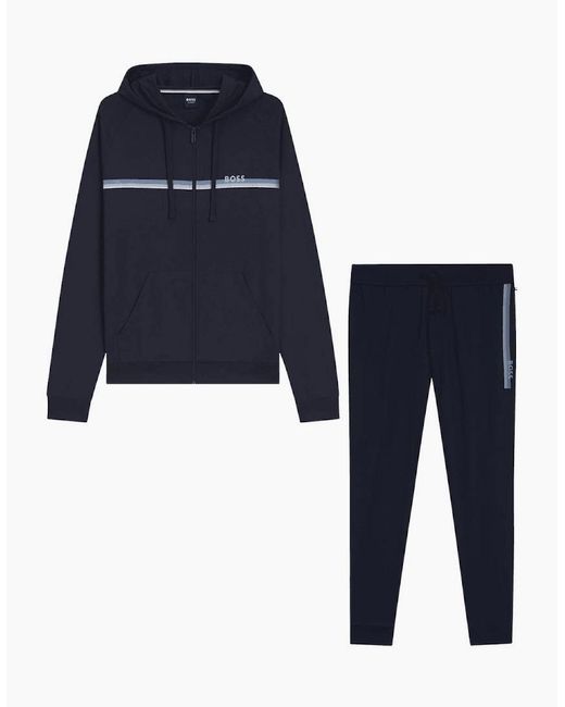 Boss Blue Authentic Cotton Stripe Logo Hooded Tracksuit for men