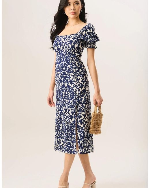 Gini London Blue Short Puff Sleeve Split Hem Midi Dress