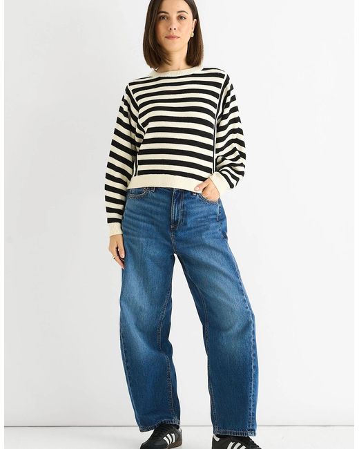 Gini London Blue Recycle Mix Contrast Stripe Loose Fit Knit Jumper