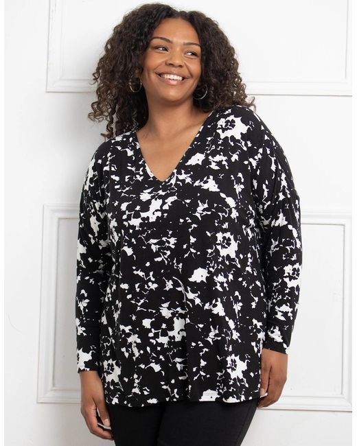 Live Unlimited London Black Mono Floral Jersey Longsleeve Top
