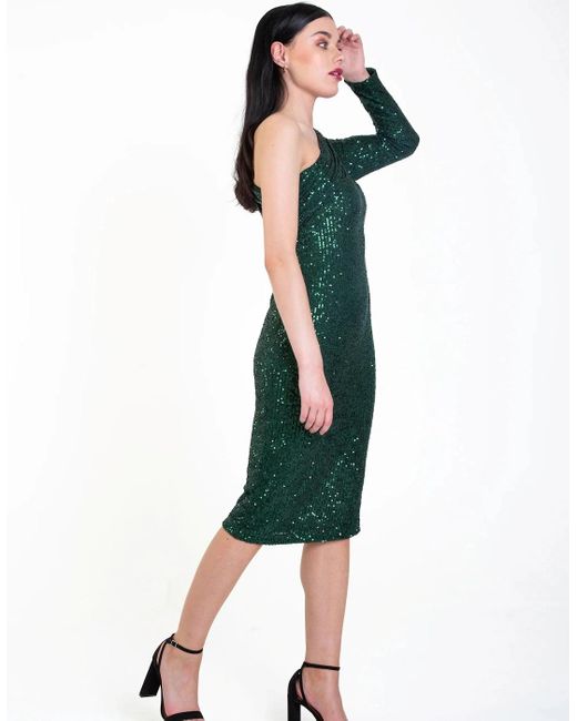 Gini London Green One Shoulder Draped Sequin Midi Dress