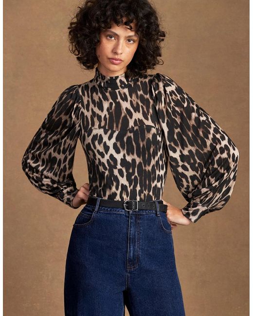 Ro&zo Black Leopard-Print Puff-Sleeve Bodysuit