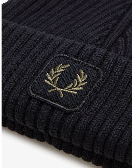 Fred Perry Black Cotton Ribbed Beanie for men