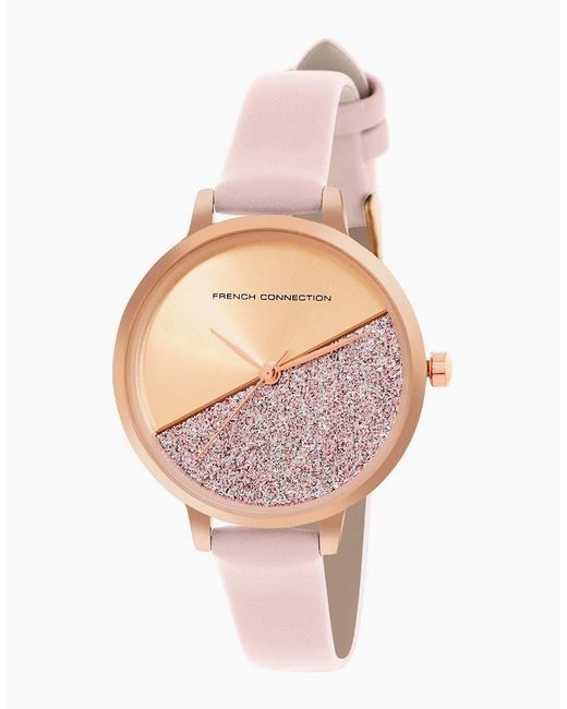 French Connection Pink Connection Rose Case Round Shape Strap Quartz Watch