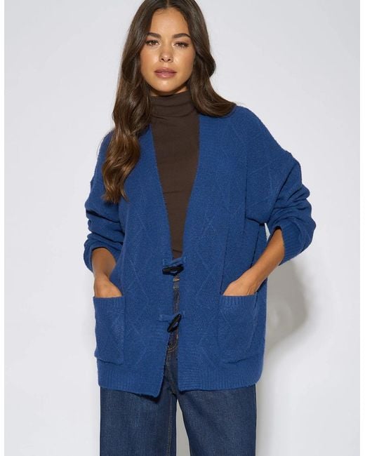 Gini London Blue Textured Button Detail Long Sleeves Cardigan