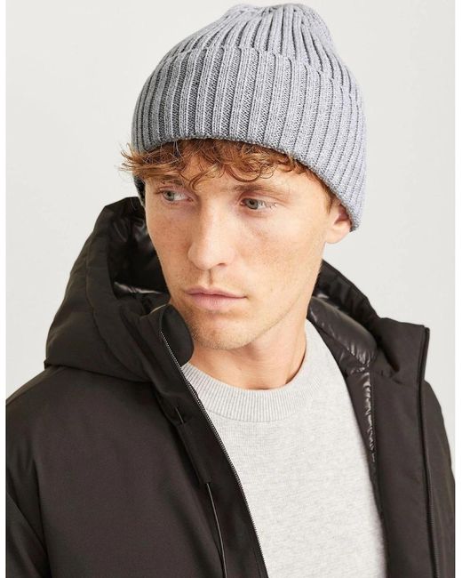 Jack & Jones Gray Cotton Adjustable Cuff Beanie for men
