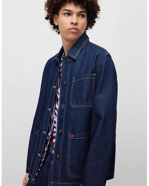 Boss Blue Solid Patterned Denim Jacket With Shirt Collar for men