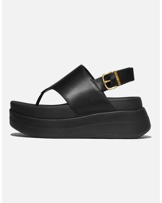Fitflop Black F-Mode Stack Leather Back-Strap Toe-Post Sandals
