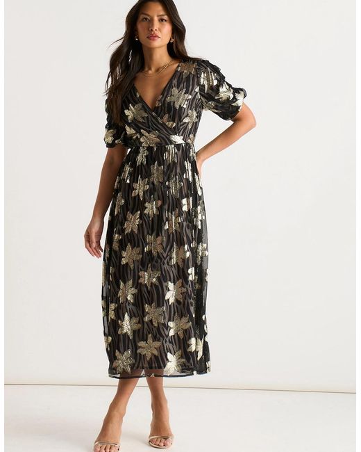 Gini London Black Floral Lurex Wrap Front Dress