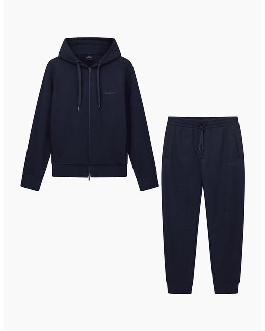 ARMANI EXCHANGE Blue Cotton Tonal Logo Zip Hooded Tracksuit for men