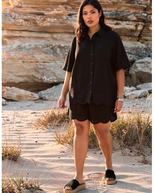 Live Unlimited London Black Linen Blend Broderie Shorts