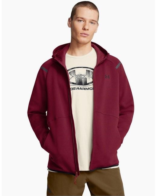 Under Armour Red Unstoppable Hooded Ribbed Cuff Sweat Jacket for men