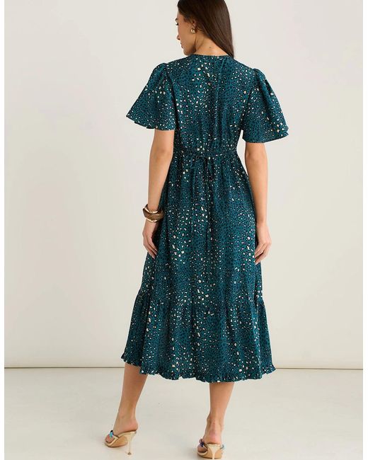 Gini London Blue Animal Print Smock Tiered Midi Dress