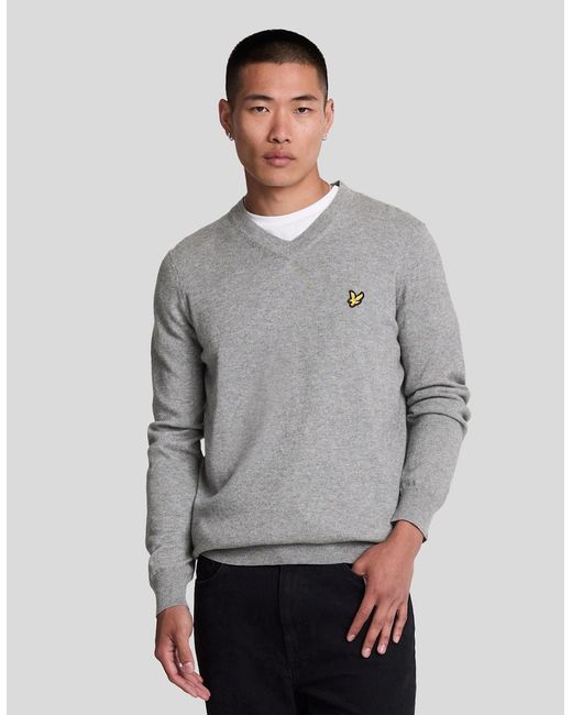Lyle & Scott Gray Cotton Merino V Neck Jumper for men