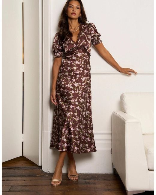 Gini London Natural Satin Floral Lace Midi Dress