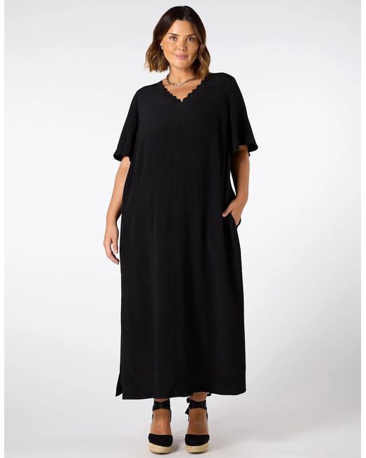 Live Unlimited London Black V Neck T-Shirt Dress Scallop Rib