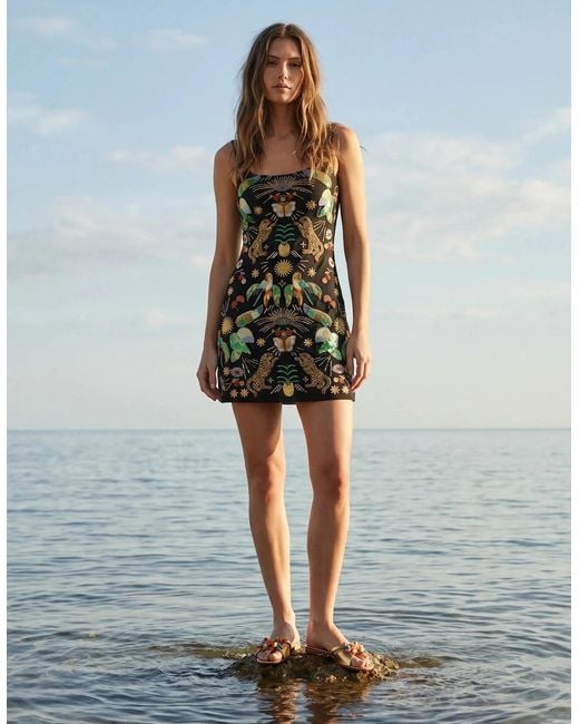 Oceanus Green Aurelia Embroidered Luxury Mini Dress