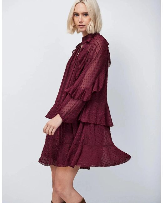 Ro&zo Red Burgundy Dobby Ruffle Short Dress