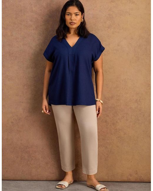 Live Unlimited London Blue Petite Linen Blend V-Neck Top