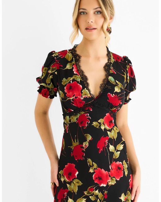 Gini London Black Floral Lace Trim Detail Midi Dress