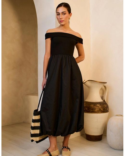 Gini London Black Bardot Jersey Mix Bubble Hem Midi Dress