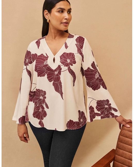 Live Unlimited London Pink Burgundy Floral Print Keyhole Blouse