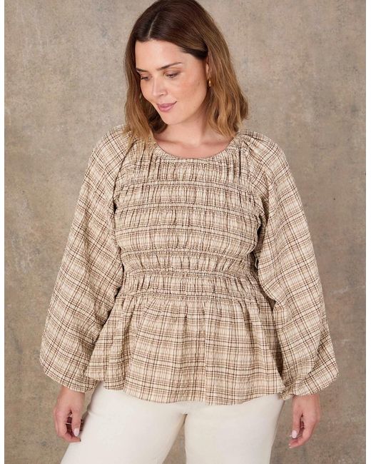 Live Unlimited London Brown Check Shirred Long Sleeve Top