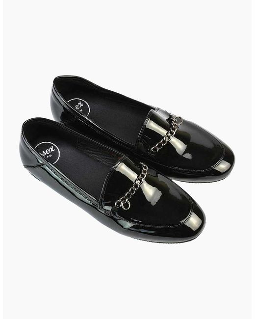 XY London Black Ladies Tessah Patent Chain Detail Flat Loafers