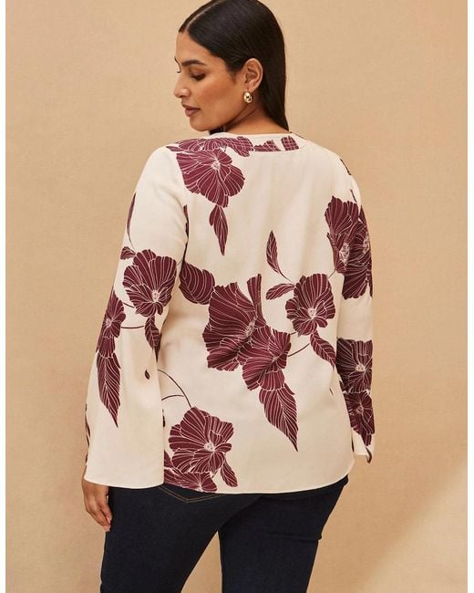 Live Unlimited London Pink Burgundy Floral Print Keyhole Blouse