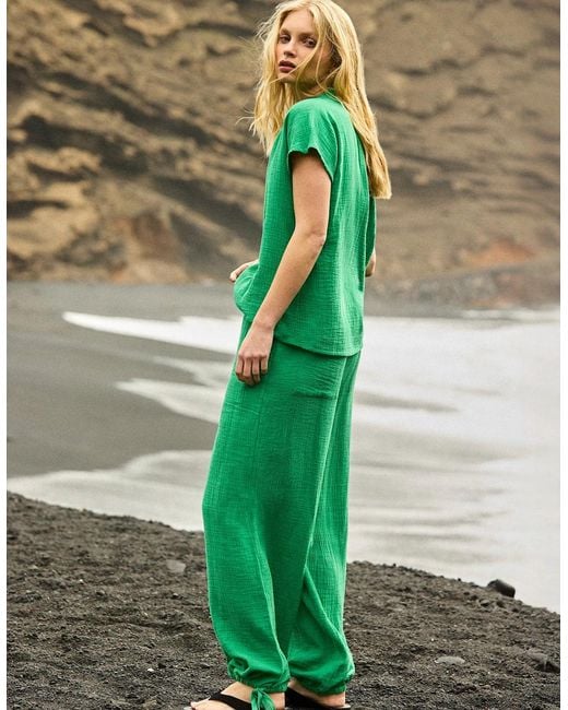 Ro&zo Green Petite Cheesecloth Drawstring Cuffed Trousers
