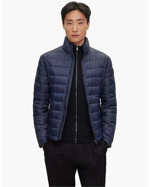Boss Blue Solid Patterned Puffer Jacket for men