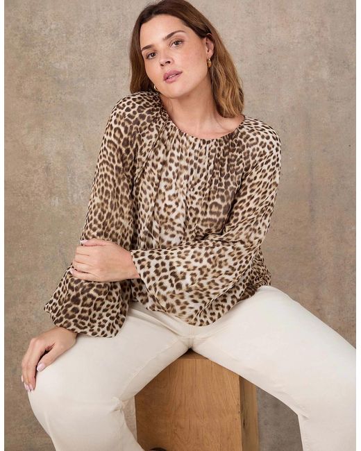Live Unlimited London Brown Animal Print Blouson Sleeve Boho Blouse