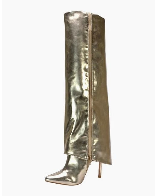 XY London Ladies Shauna Fold Over Metallic High Stiletto Heel Knee-High Boots
